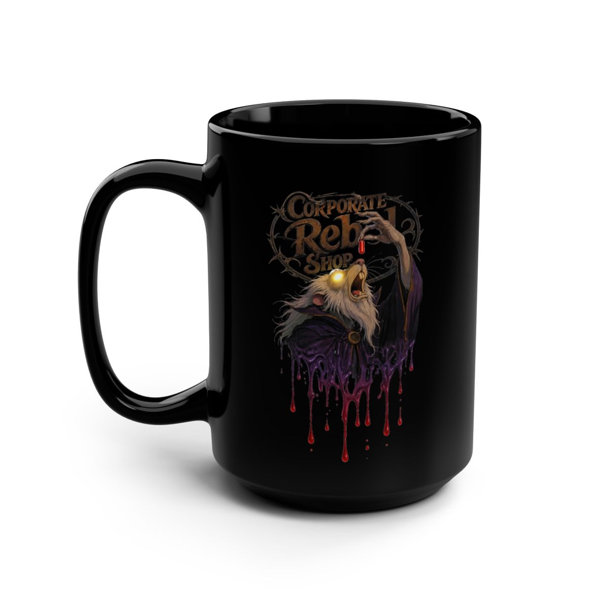 The Corporate Rebel Morbious logo on a black 15oz coffee mug