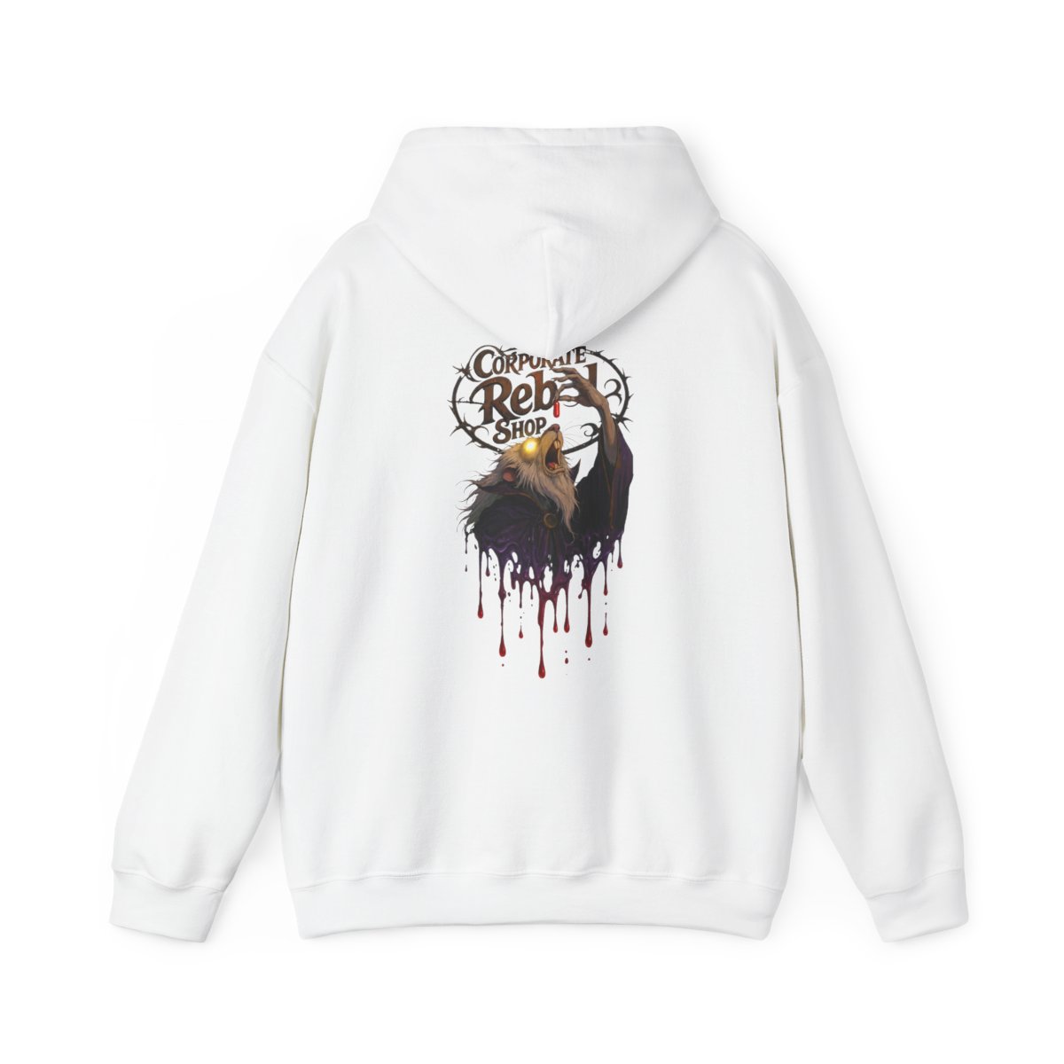 The Corporate Rebel Morbious logo printed on a white hoodie