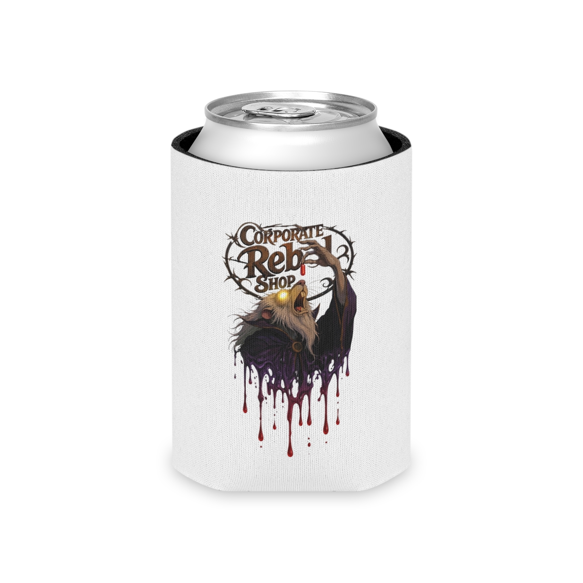 The Corporate Rebel Morbious logo printed on a white neoprene can koozie