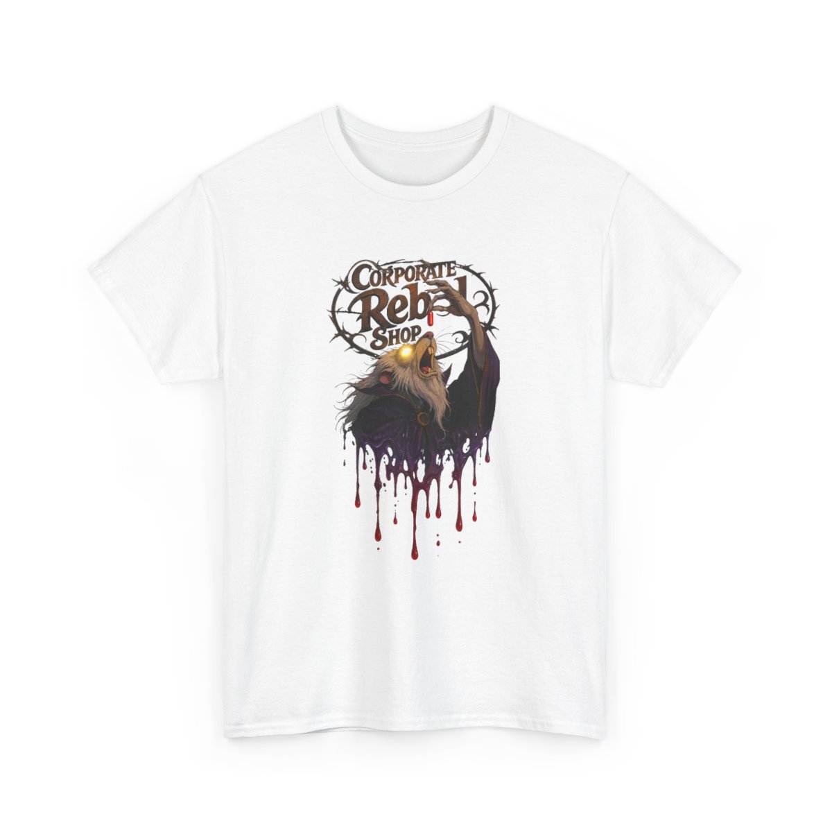 The Corporate Rebel Morbious logo printed on a men's tee