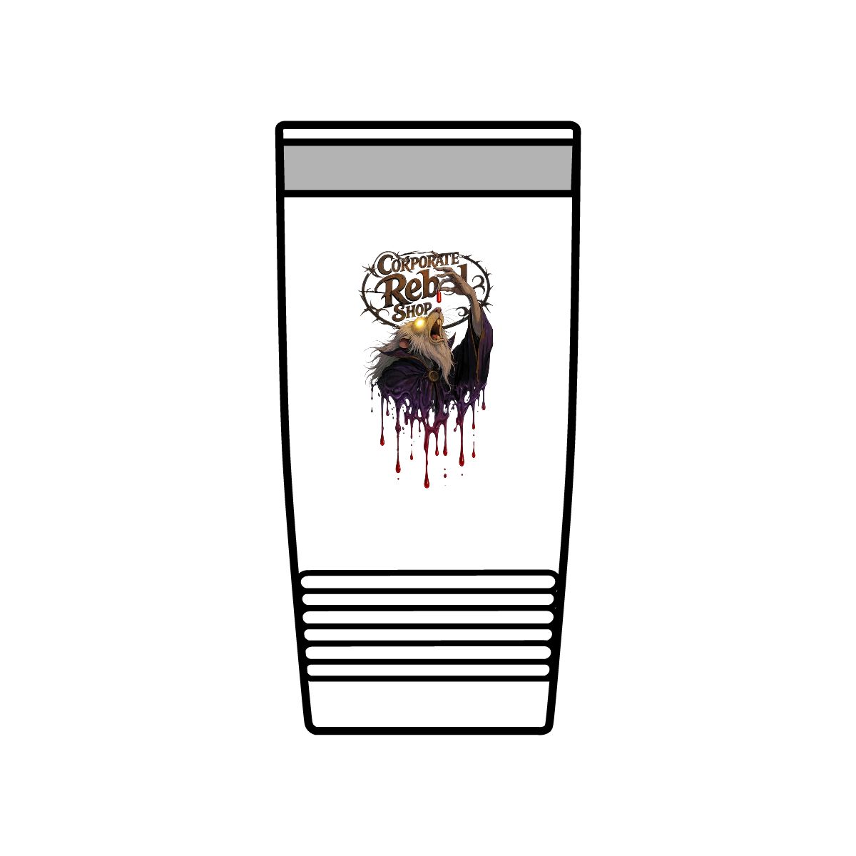The Corporate Rebel Morbious logo on a white 20oz insulated tumbler